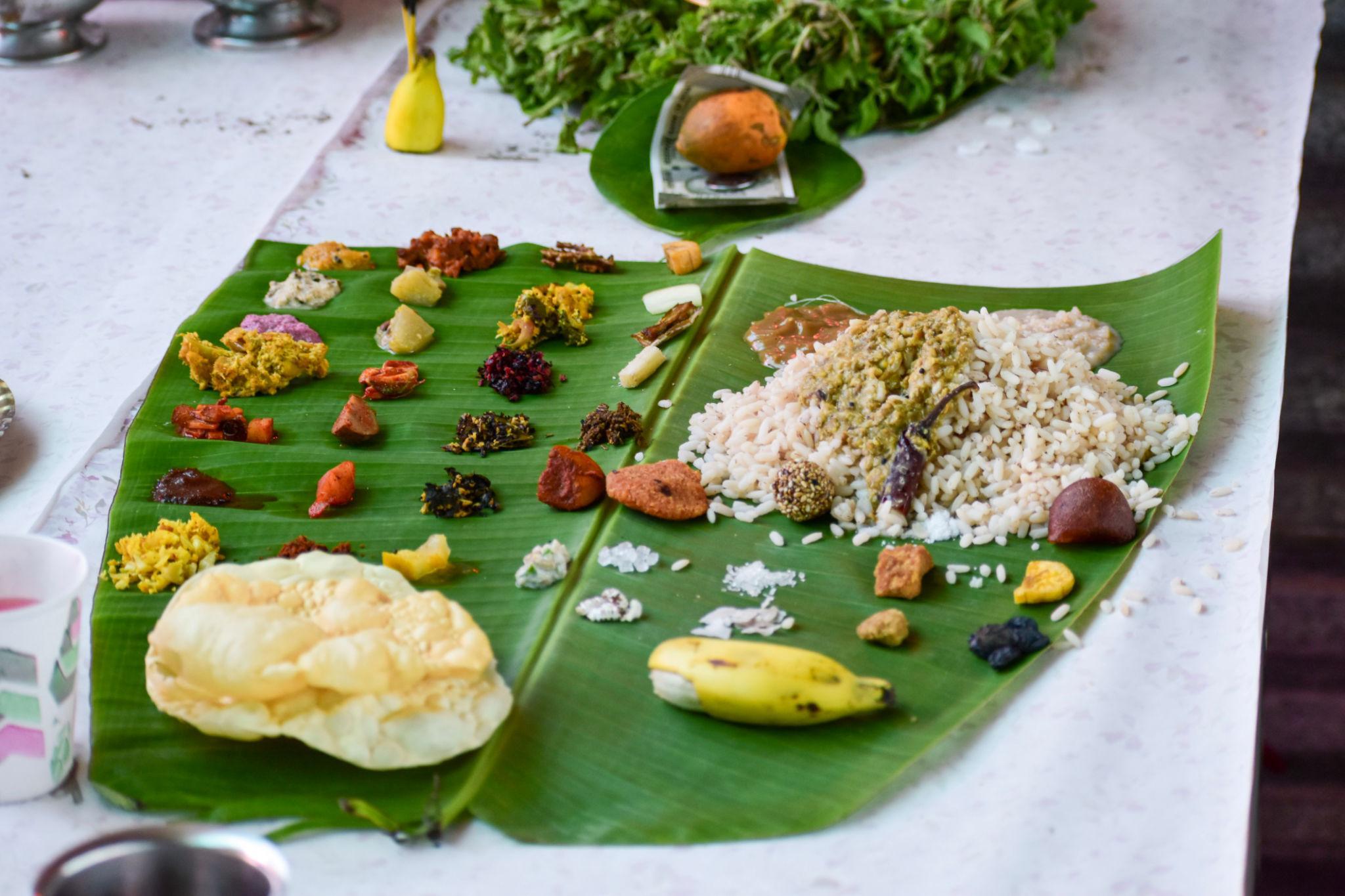 Traditional Ugadi festive meal served on banana leaf