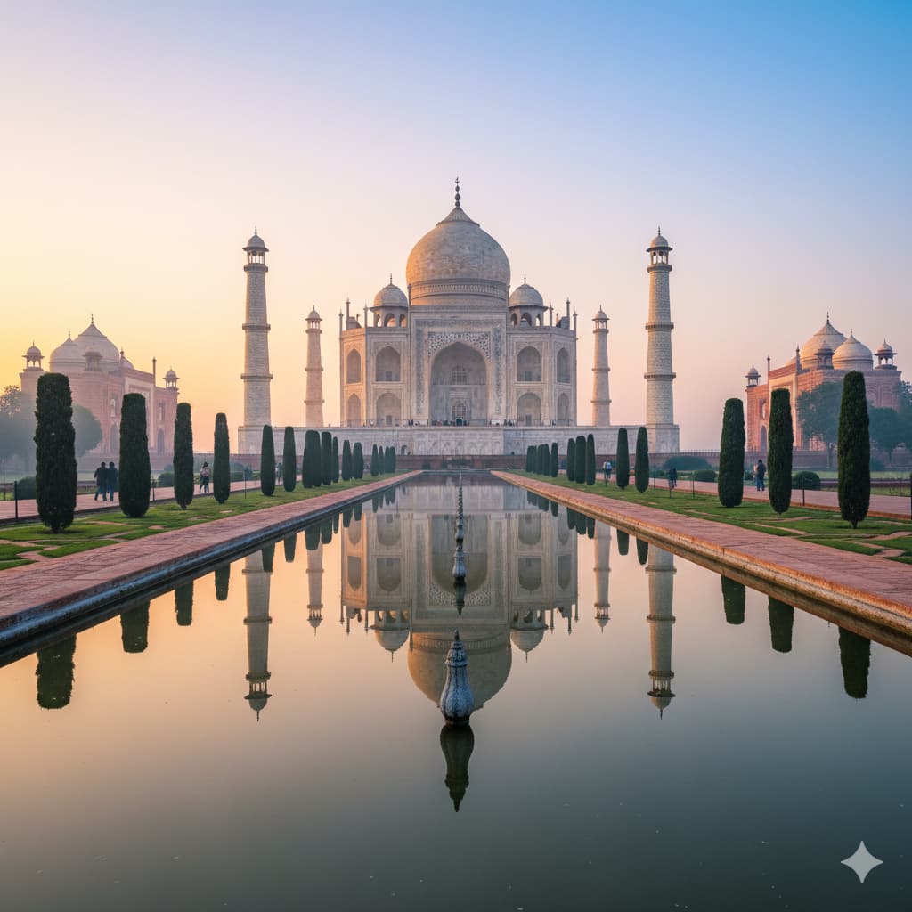 Taj Mahal Agra - White marble mausoleum, one of the Seven Wonders of the World
